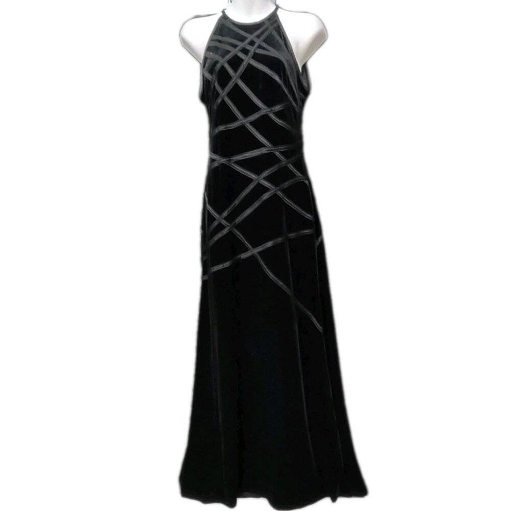 Cache Vintage Formal Velvet Dress Black Full Length Gown Halter Size Small